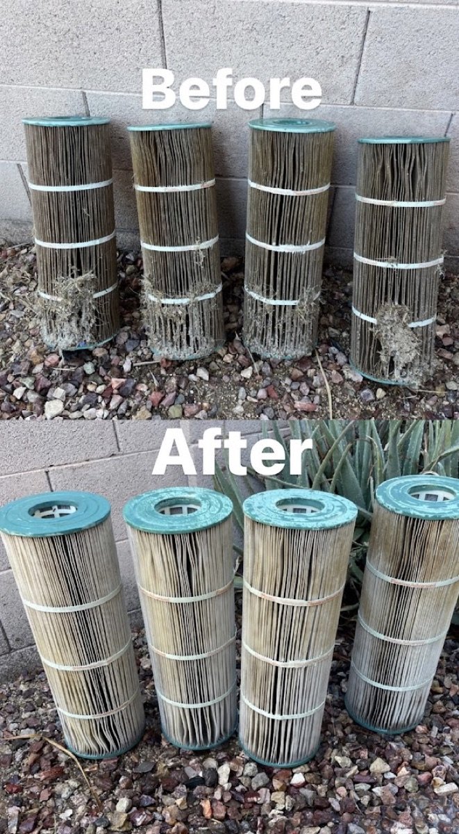 Cartridge filters before and after cleaning by Allen's Pool Catering
